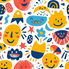 A heartwarming depiction of happy faces, each one expressive and full of life, surrounded by playful shapes and bright colors, capturing the imaginative and colorful style of a kindergartener.