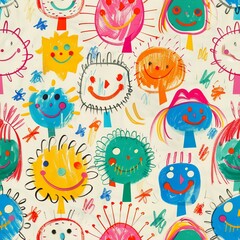 Fototapeta premium A heartwarming drawing of a group of happy people, their faces adorned with big, joyful smiles and expressive eyes, created with the colorful and whimsical style of a young child's crayon art.