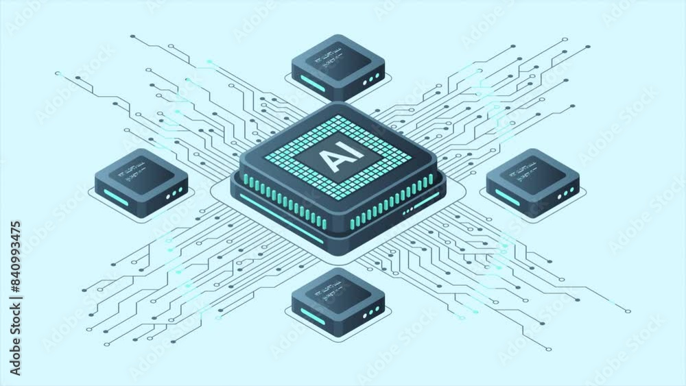 Poster isometric artificial intelligence chip animation. artificial intelligence concept. futuristic microc