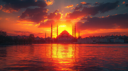 Naklejka premium typical istanbul scene with moschee and bospurus background created with Generative AI technology
