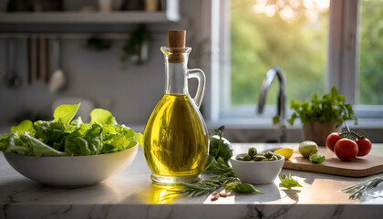 Fresh green salad ingredients arranged around an olive oil bottle on a modern kitchen counter, symbolizing healthy eating and culinary freshness