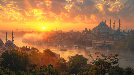 typical istanbul scene with moschee and bospurus background created with Generative AI technology