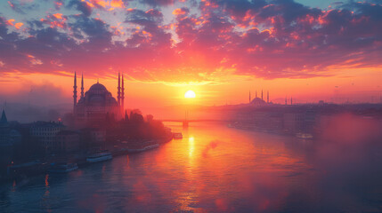Fototapeta premium typical istanbul scene with moschee and bospurus background created with Generative AI technology