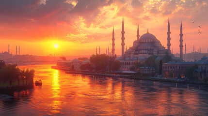 Naklejka premium typical istanbul scene with moschee and bospurus background created with Generative AI technology