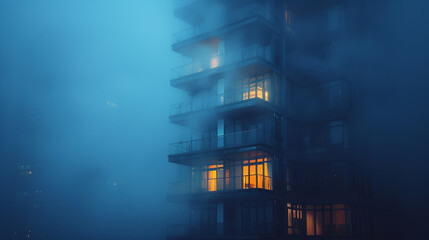 lonely building with a lot of dark windows getting lost in thick blue-ish fog and mist, night created with Generative AI technology