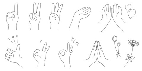 手書きの線画ハンドサインのバリエーションセット