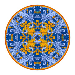 Portuguese tiles blue watercolor pattern. Traditional tribal ornament. Round plate. Capri Maiolica