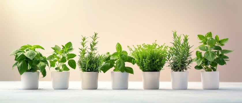 A serene herb garden featuring a variety of green herbs like basil, mint, and rosemary, each plant neatly labeled. flat design, minimalistic shapes with space for text