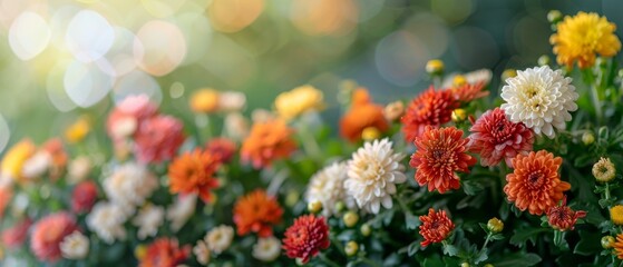 Obraz premium A charming garden featuring blooming chrysanthemums in various shades of red, yellow, and white, creating a vibrant display. flat design, minimalistic shapes with space for text
