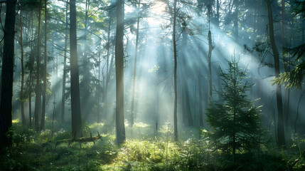 Obraz premium Forêt de Pins Brumeuse avec Soleil Filtrant