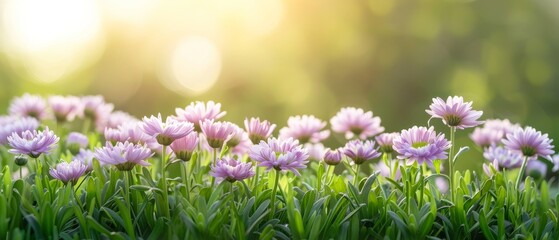 A picturesque meadow filled with purple chrysanthemum flowers, their vibrant color contrasting beautifully with the green grass