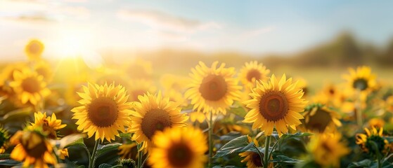 A field of bright yellow sunflowers in full bloom under a clear blue sky, their faces turned towards the sun, creating a vibrant and cheerful scene
