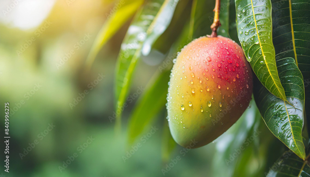 Sticker fresh mango hanging on a tree, glistening with water droplets. The image captures the vibrancy and freshness of the fruit, emphasizing its natural beauty and appeal. Wide banner format