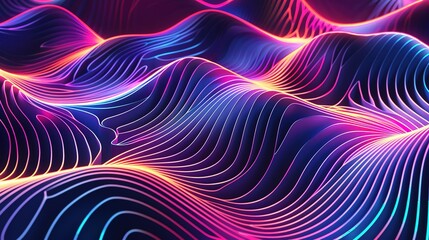 Electric dance of neon waves, vivid backdrop, illuminated abstract background modern digital art, transparent colorful ribbon neon lines