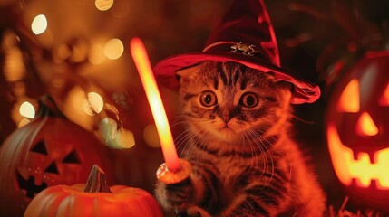 Halloween pet costume, Funny cat in clothes and with a glowing sword, Halloween pumpkin background, 