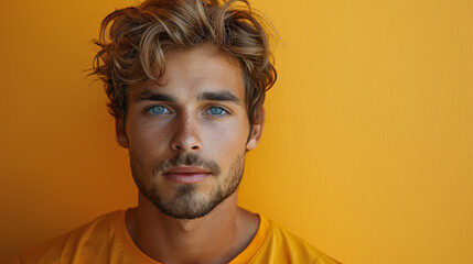 Fototapeta premium male model posing on yellow background, front view, full body created with Generative AI technology