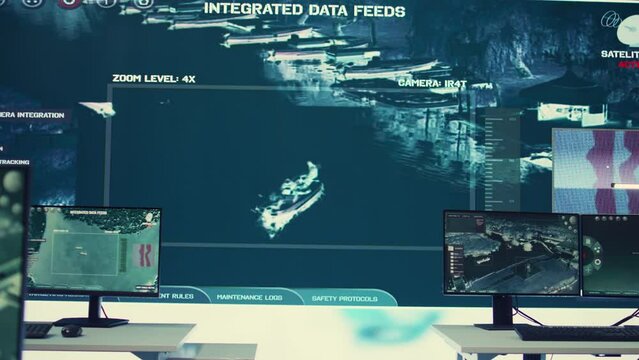 Empty military drone control headquarters employing CCTV radar footage to follow satellite and ensure national safety. Federal agency intelligence and reconnaissance system in command center.