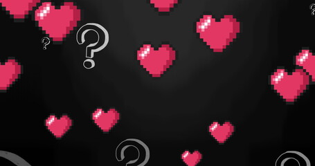Image of social media heart icons and question marks on black background