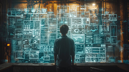 man staring at many product engineering sketches on a wall projecting out as holograms wireframe 3D illustrations created with Generative AI technology