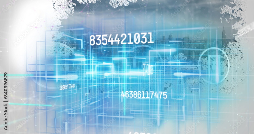 Poster image of data processing with light trails over cityscape