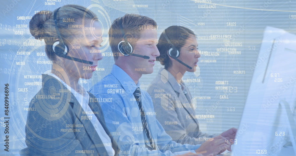 Aufkleber image of statistics and data processing over business people using phone headsets