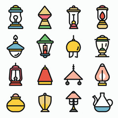 Set of various colorful lamps in flat design style isolated on white background. Different shapes and styles of light fixtures including a table lamp, a hanging lamp, and a traditional oil lamp. Icon