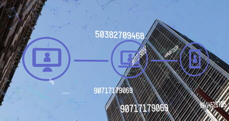 Image of data processing with media icons over cityscape