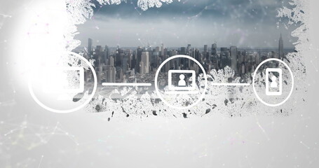 Image of data processing with light trails over cityscape