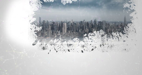 Image of data processing with light trails over cityscape