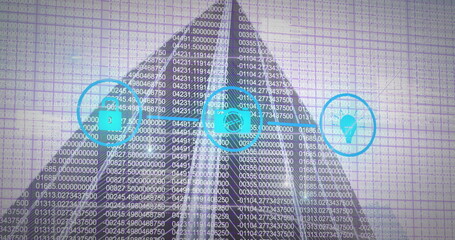 Image of data processing with media icons over cityscape