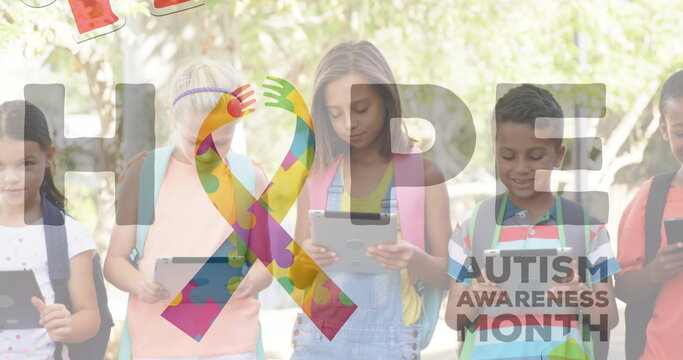 Image of colourful puzzle pieces and autism text over kids friends using electronic devices - Powered by Adobe