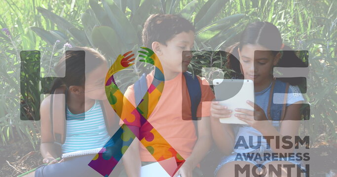 Image of colourful puzzle pieces and autism text over kids friends using electronic devices