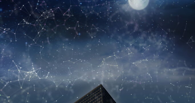 Image of light trails and data processing on black background