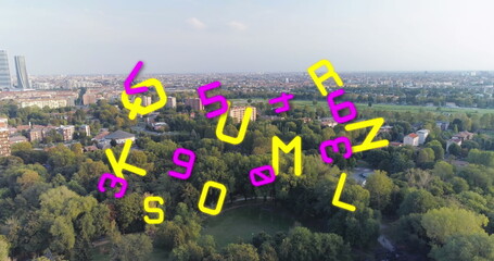 Image of falling numbers and letters over cityscape