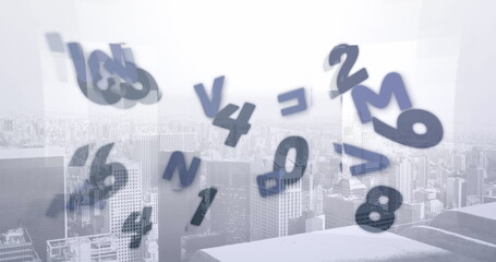Image of falling numbers and letters over cityscape
