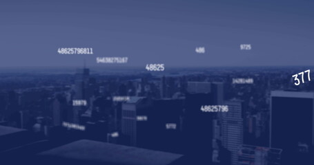 Image of falling numbers over cityscape