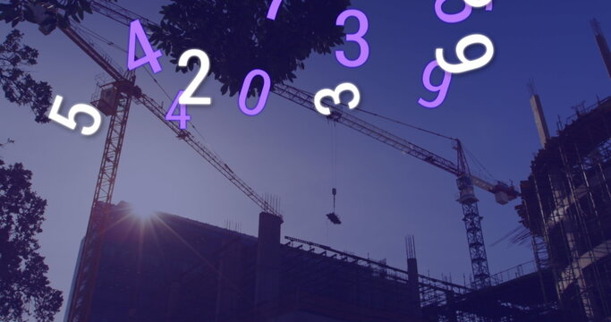 Image of falling numbers over cityscape