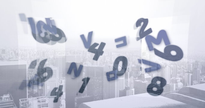 Image of falling numbers and letters over cityscape