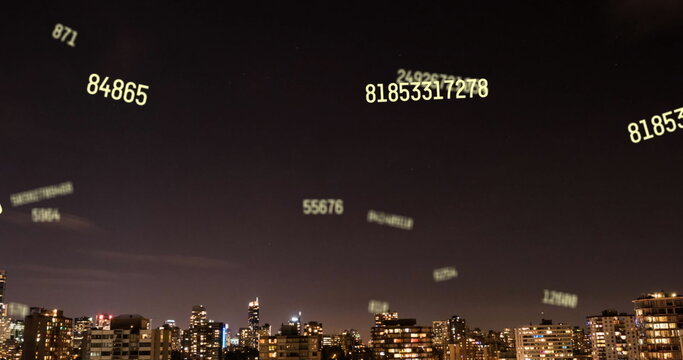 Image of falling numbers over cityscape