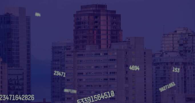 Image of falling numbers over cityscape