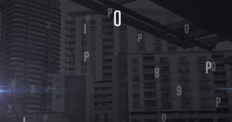 Image of falling numbers over cityscape