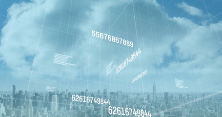 Image of numbers changing and data processing over cityscape