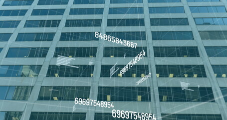 Image of numbers changing and data processing over cityscape