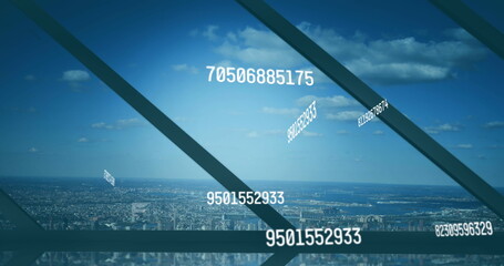 Image of numbers changing and data processing over cityscape