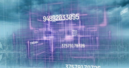 Image of numbers changing and data processing over cityscape