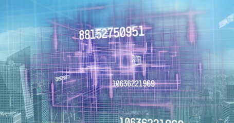 Image of numbers changing and data processing over cityscape