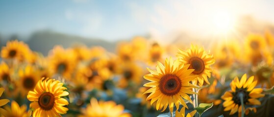 Obraz premium A field of bright yellow sunflowers in full bloom under a clear blue sky, their faces turned towards the sun, creating a vibrant and cheerful scene