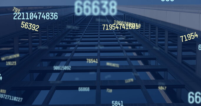 Image of falling numbers over cityscape