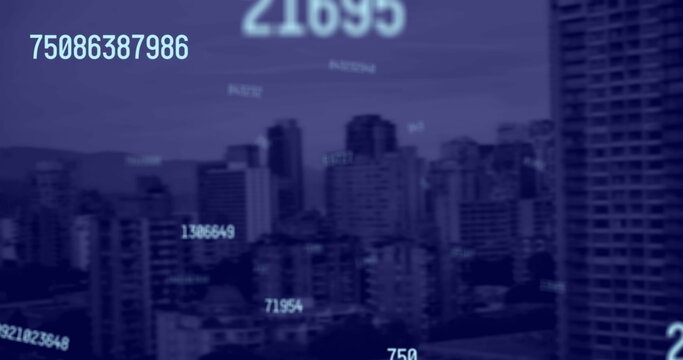 Image of falling numbers over cityscape - Powered by Adobe