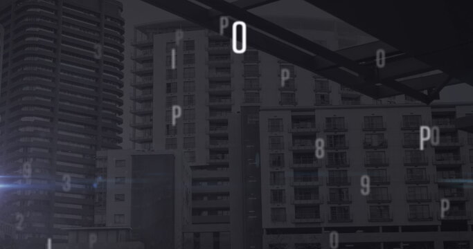 Image of falling numbers over cityscape